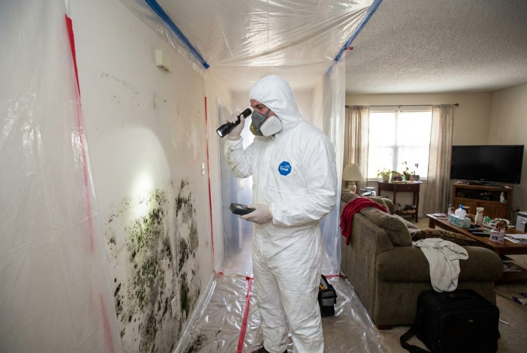 Mold remediation in progress by Lovett Restoration